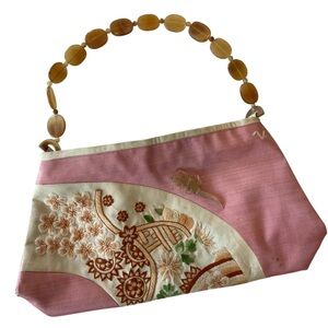 Claire V. 100% Silk Shoulder Bag Purse Pink Asian Embroidery Beaded Strap Y2K